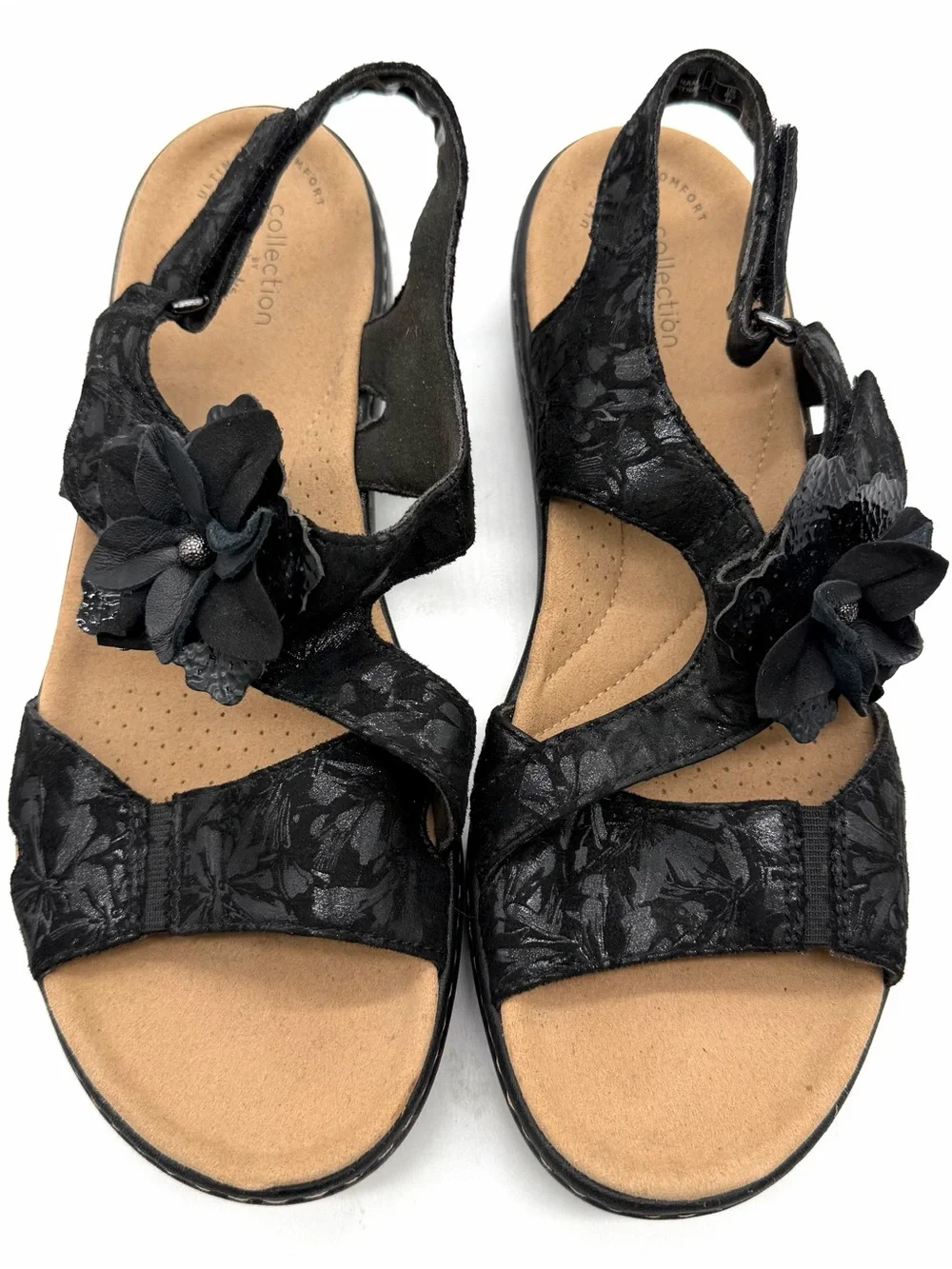 Clarks Laurieann Bea Black Leather Floral Slingback Comfort Sandal Women’s 8.5M